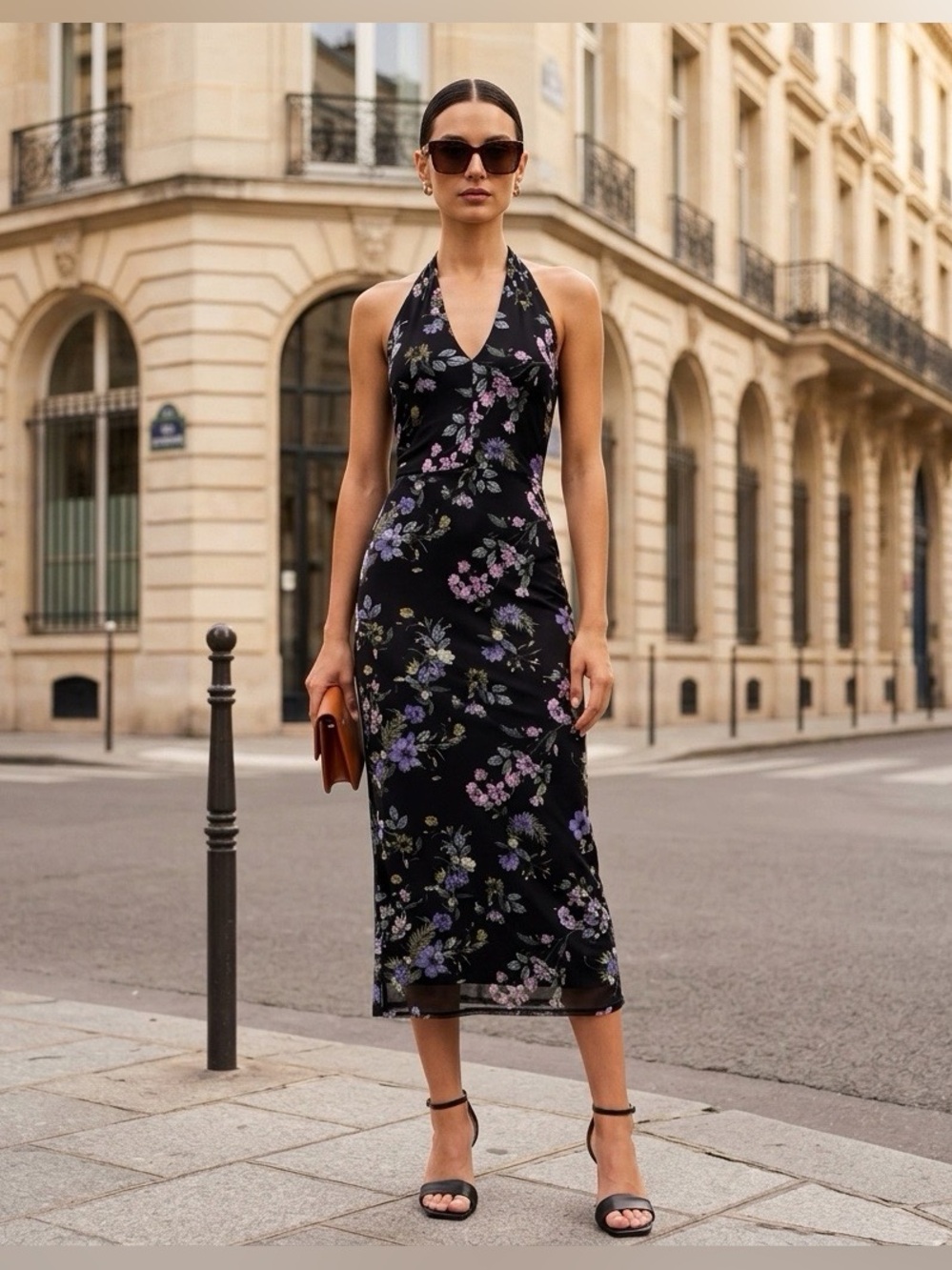 AFRM Black Floral Halter Bodycon Midi Dress Open Back Size S Petite